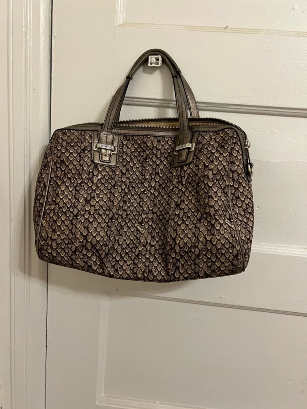 Coach Brown Textured Pattern hand bag with Silver Hardware